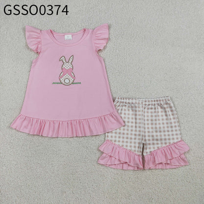 RTS Sibling Baby Boys Girls Short Sleeves Embroidery Rabbit Tops Plaid Shorts Easter Sets