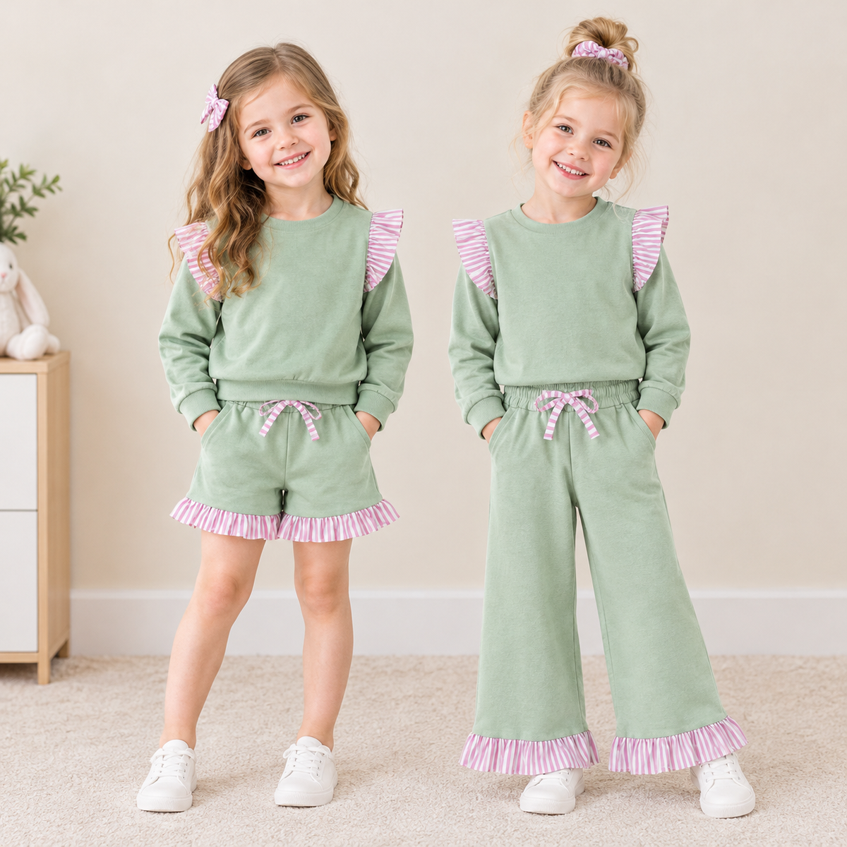 Sibling Baby Girls Kids Long Sleeves Shirts Pockets Shorts Pants Cotton Green Sets Clothes