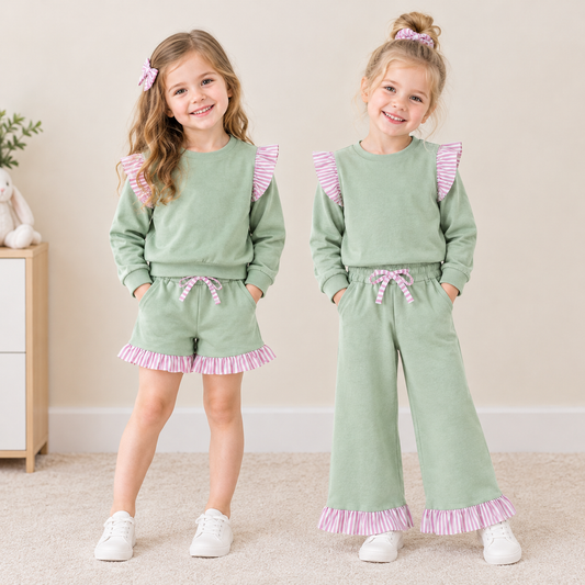 Sibling Baby Girls Kids Long Sleeves Shirts Pockets Shorts Pants Cotton Green Sets Clothes