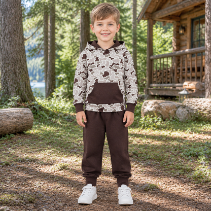 Baby Boys Kids Long Sleeves Camo Hoodie Pullover Pockets Brown Pants Set Clothes