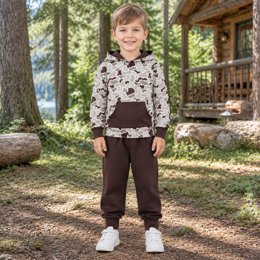 Baby Boys Kids Long Sleeves Camo Hoodie Pullover Pockets Brown Pants Set Clothes