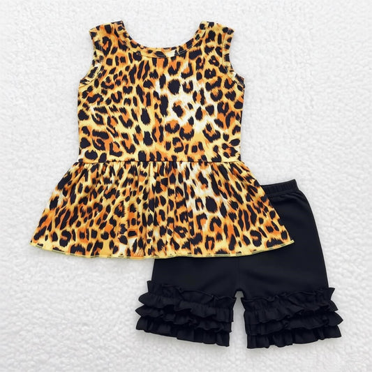 RTS Baby Girls Kids Sleeveless Leopard Tops Black Ruffle Shorts Summer Set Clothes