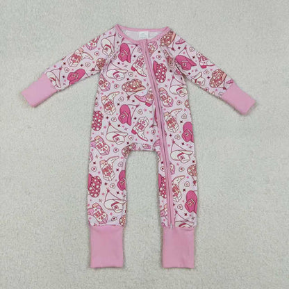 Sibling Baby Girls Long Sleeves Hats Boots Hearts Valentine Pink Zipper Footie Romper Pajamas Set