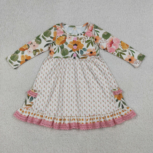 Baby Girls Kids Long Sleeves Plaid Flower Knee Length Pockets Ruffle Dress