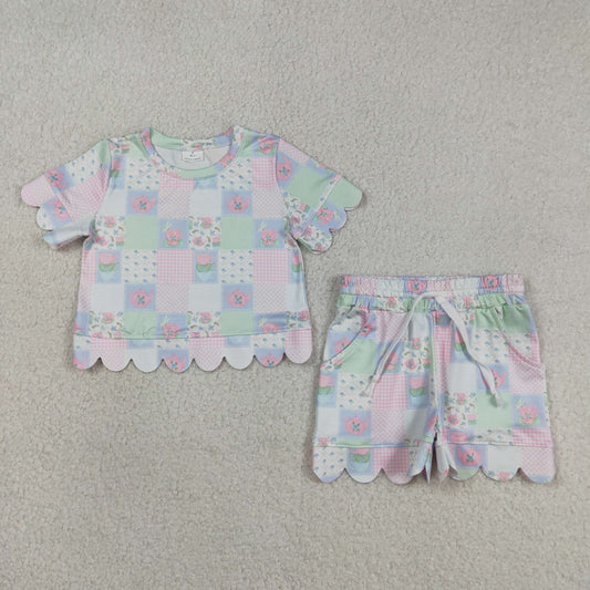 Baby Girls Kids Short Sleeves Flower Plaid Shirt Scallop Shorts Clothes Set RTS