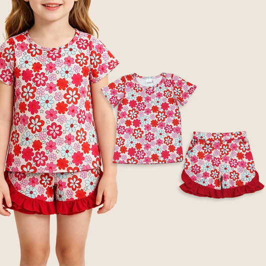 Baby Girls Kids Short Sleeves Flower Shirt Ruffle Shorts Clothes Summer Set
