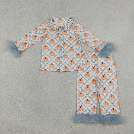 Baby Girls Kids Fur Long Sleeves Flower Pumpkins Buttons Shirt Pants Fall Pajamas Set Clothes
