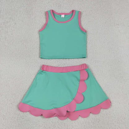 Baby Girls Kids Green Tops Scallop Skirt Shorts Yoga Active Set Summer Clothes