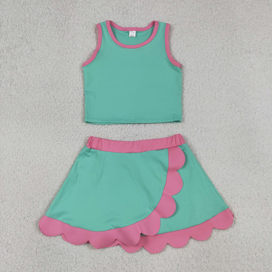 Baby Girls Kids Green Tops Scallop Skirt Shorts Yoga Active Set Summer Clothes