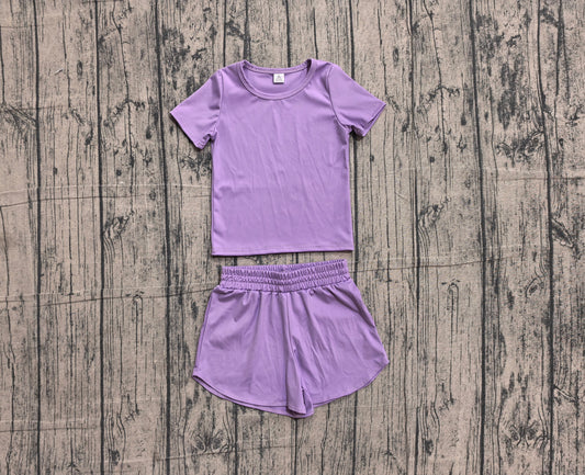 Preorder Baby Girls Kids Short Sleeves Shirt Skirt Shorts Yoga Active Set Purple Clothes