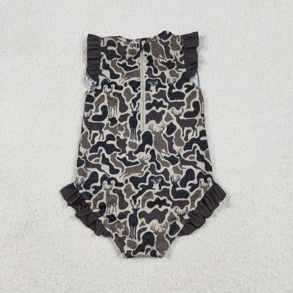 Baby Girls Kids Short Sleeves Deer Camo Ruffle One-piece Swimsuit