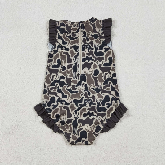Baby Girls Kids Short Sleeves Deer Camo Ruffle One-piece Swimsuit