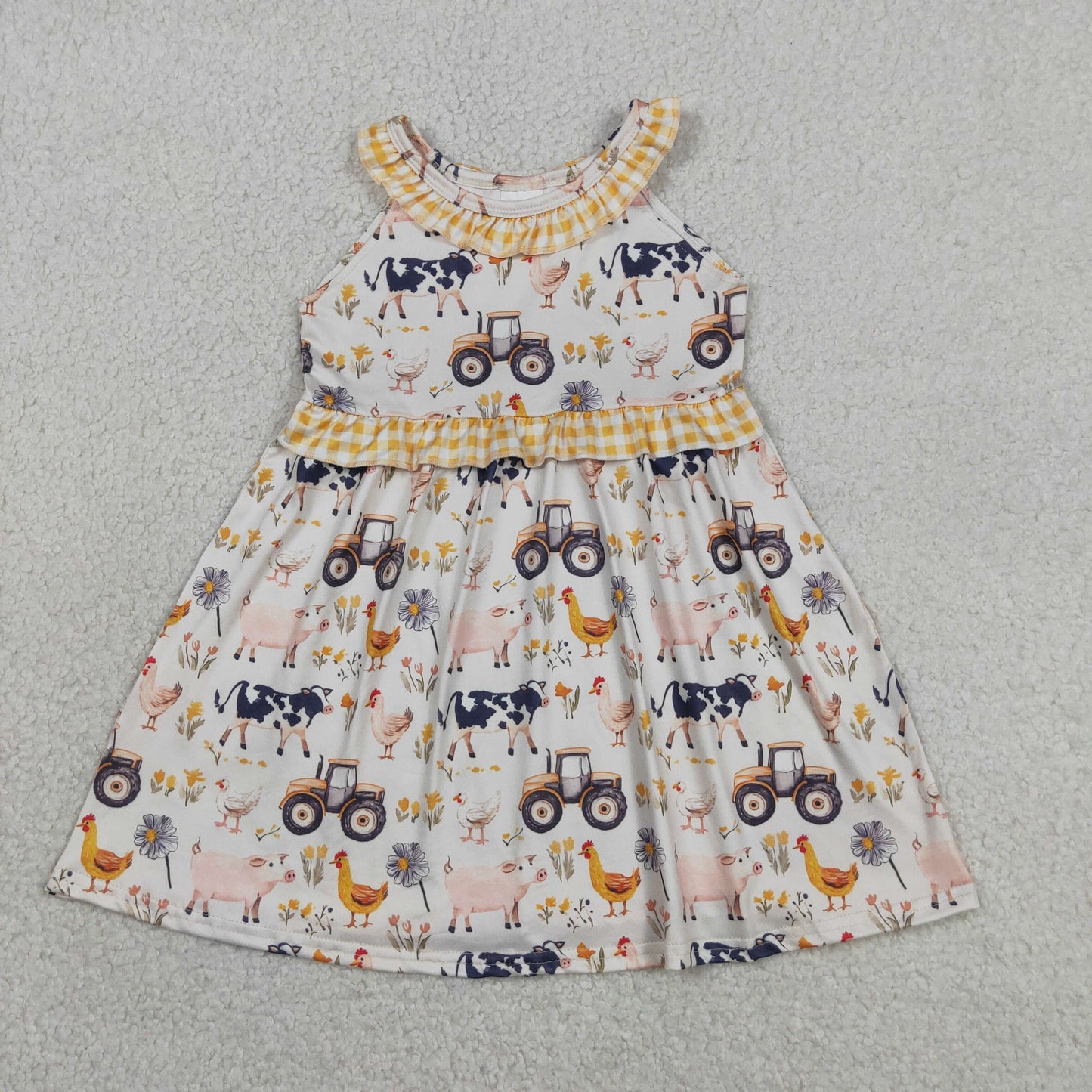 Baby Girls Kids Farm Animals Flower Plaid Ruffle Knee Length Dress