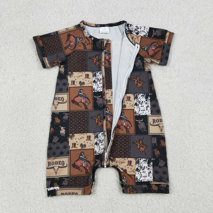 RTS Baby Boys Infant Short Sleeves Rodeo Western Zipper Romper
