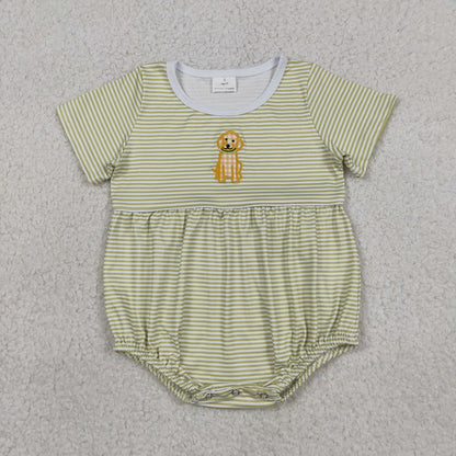 Baby Boys Infant Embroidery Dog Green Stripes Bubble Romper Clothes