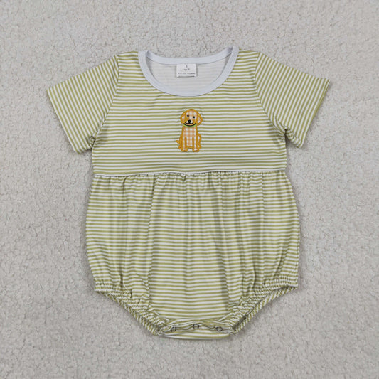 Baby Boys Infant Embroidery Dog Green Stripes Bubble Romper Clothes