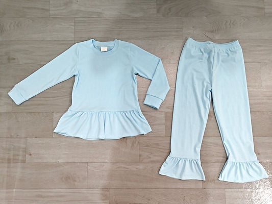 No moq Preorder Baby Girls Kids Long Sleeves Ruffle Tops Pants Blue Set Cotton Clothes
