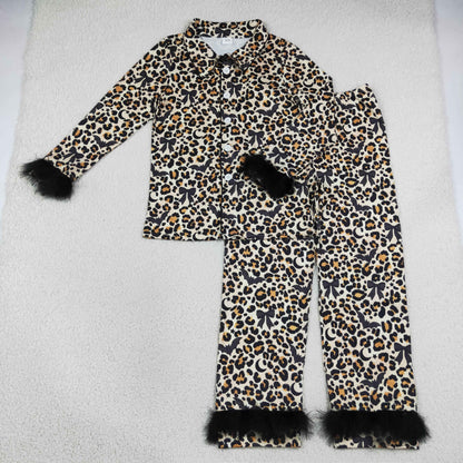 Adult Women Bats Bows Leopard Buttons Shirt Black Fur Pants Pajamas Halloween Set