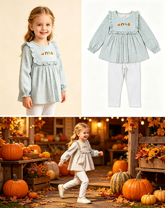 Baby Girls Kids Long Sleeves Embroidery turkey Pumpkins Tunic Pants Fall Set Clothes