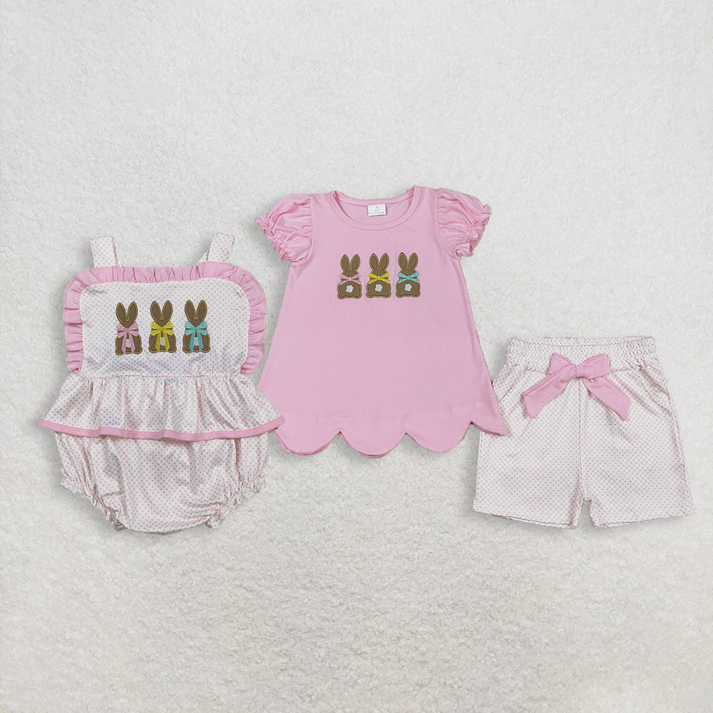 RTS Sibling Baby Girls Kids Embroidery Rabbits Easter Pink Ruffle Romper Set