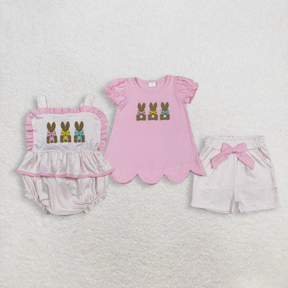 RTS Sibling Baby Girls Kids Embroidery Rabbits Easter Pink Ruffle Romper Set