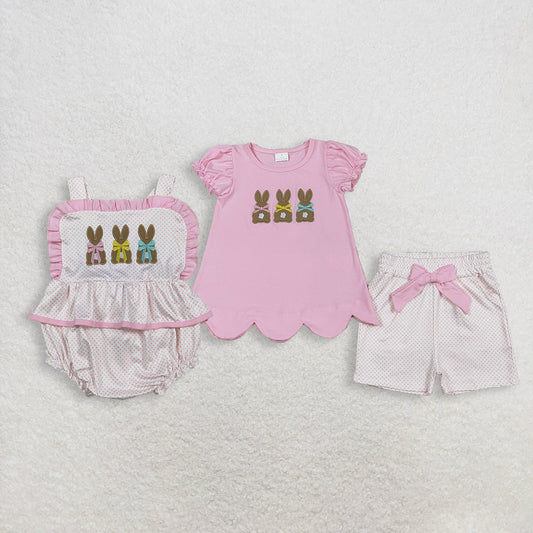 RTS Sibling Baby Girls Kids Embroidery Rabbits Easter Pink Ruffle Romper Set