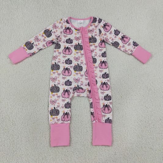 Baby Girls Infant Long Sleeves Pumpkins Bows Pink Ruffle Zipper Romper Fall Clothes