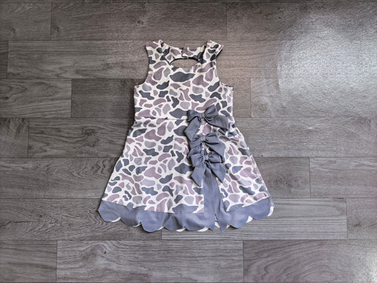 No moq Preorder Baby Girls Kids Sleeveless Grey Camo Print Bows Scallop Dress Yoga Active Clothes
