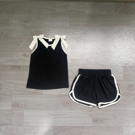 No moq Preorder Baby Girls Kids White Bows Shirt Shorts Black Set Summer Clothes