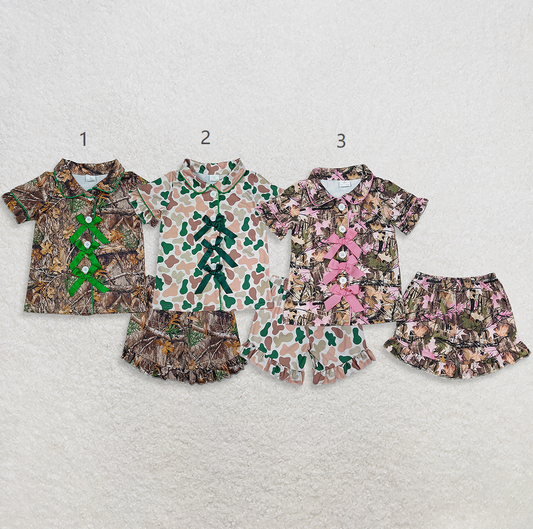 Sibling Baby Girls Kids Bows Buttons Shirts Camo Ruffle Shorts Hunting Pajamas Sets