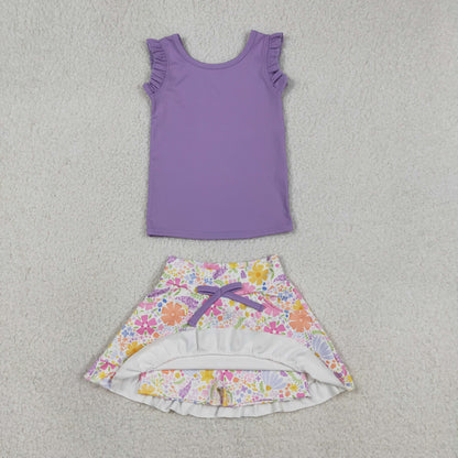 Baby Girls Kids Purple Tops Flower Pockets Scallop Skirt Shorts Yoga Clothes Summer Set