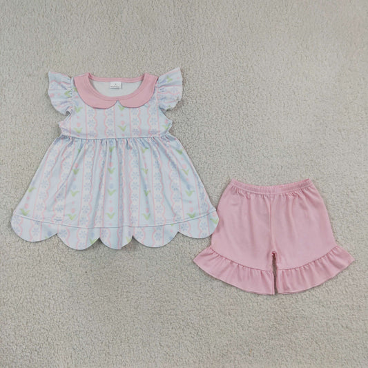 Baby Girls Short Sleeves Flower Scallop Tunic Pink Shorts Set Clothes