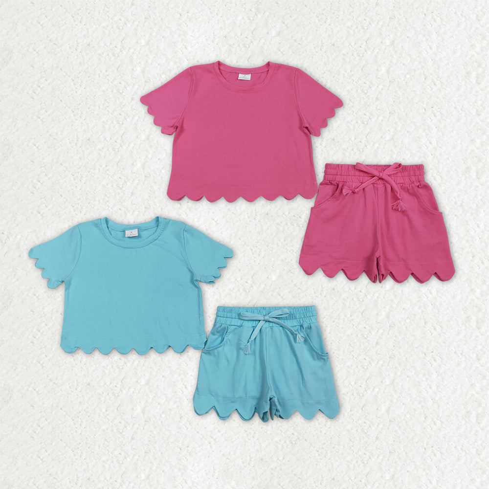 RTS Sibling Baby Girls Kids Short Sleeves Shirts Cotton Pockets Scallop Shorts Summer Clothes Sets