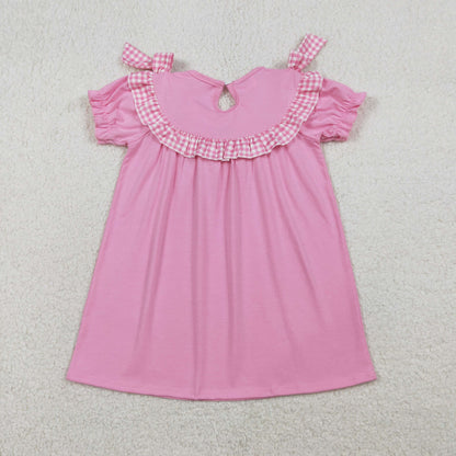 RTS Baby Girls Short Sleeves Embroidery Smocked Floral Crosses Easter Pink Knee Length Dress