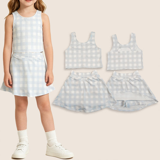 Baby Girls Kids Sleeveless Blue Plaid Tops Skirt Shorts Yoga Summer Set