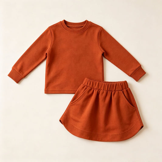 Moq 5 Preorder Baby Girls Kids Long Sleeves Brown Shirt Pockets Skirt Shorts Cotton Set Clothes
