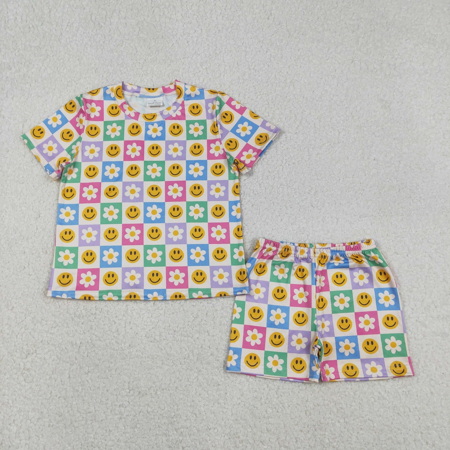 Baby Girls Short Sleeves Smile Flower Checked Shirt Shorts Clothes Set