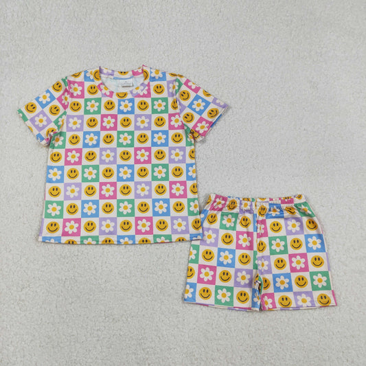 Baby Girls Short Sleeves Smile Flower Checked Shirt Shorts Clothes Set