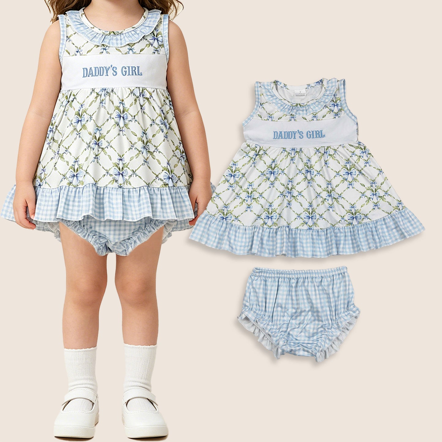 Baby Girls Kids Embroidery Daddy's Girl Bows Tops Blue Bummie Shorts Set Clothes