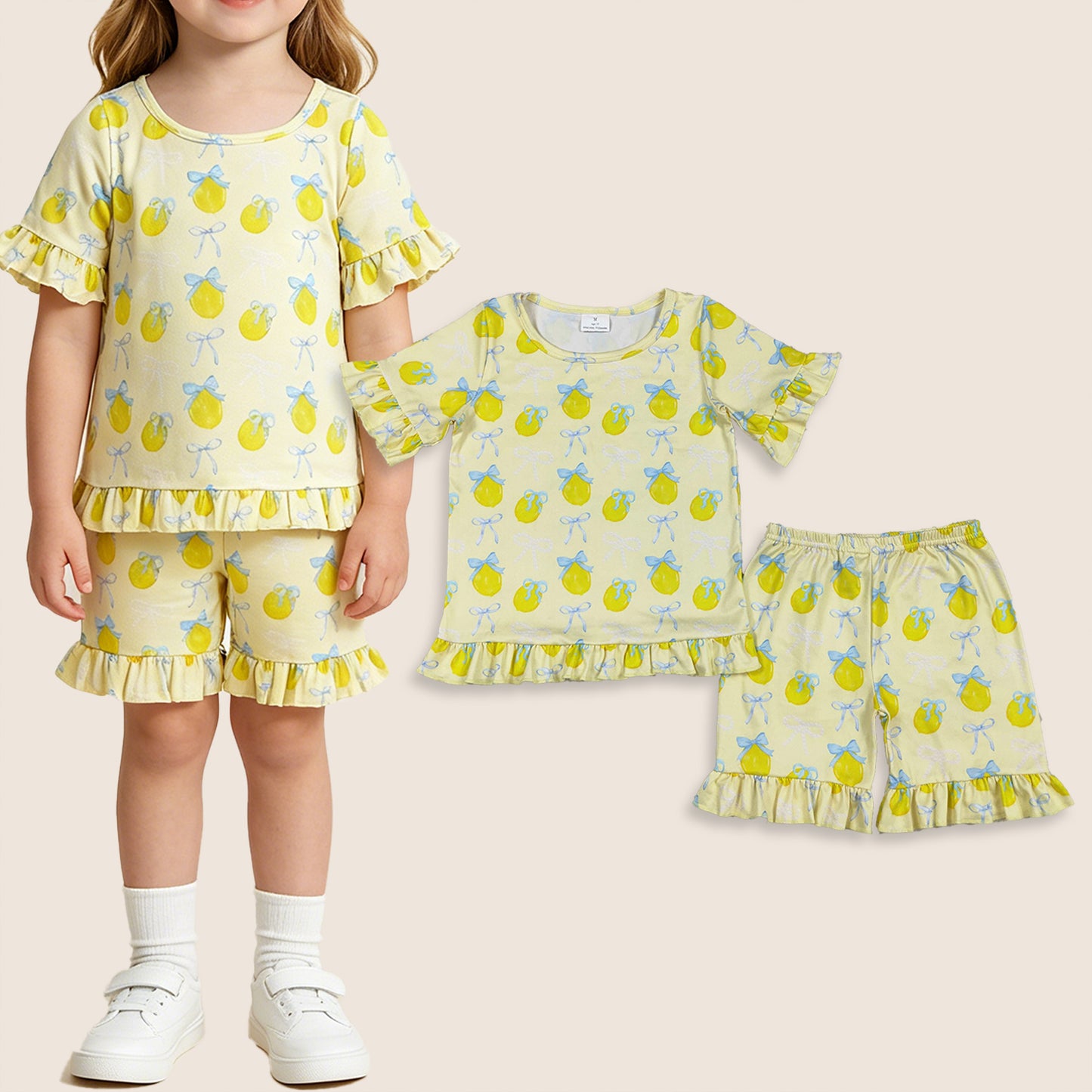 Baby Girls Kids Short Sleeves Lemons Bows Yellow Shirt Shorts Summer Clothes Set