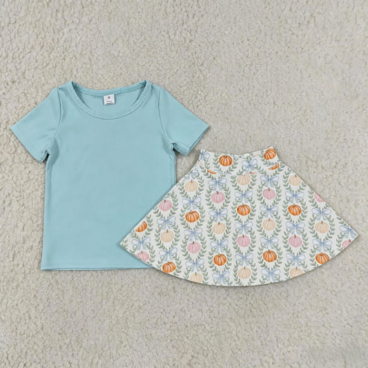 Baby Girls Kids Blue Shirt Pumpkins Bows Skirt Shorts Fall Set Yoga Active Thanksgiving Clothes