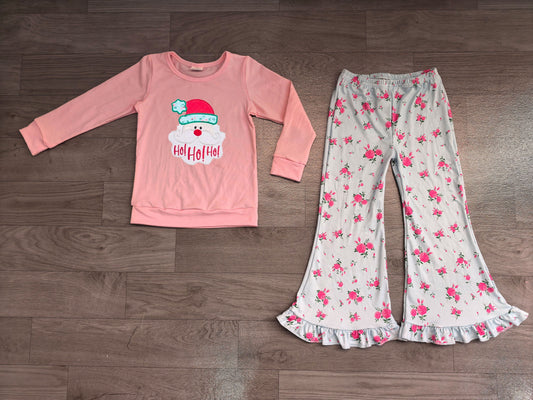 No moq Preorder Baby Girls Kids Embroidery Christmas Santa Tops Flower Pants Set Clothes