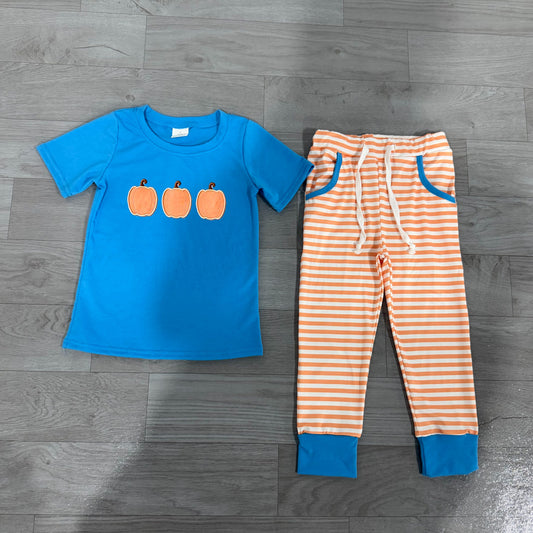No moq Preorder Baby Boys Kids Embroidery Pumpkins Blue Shirt Pockets Stripes Pants Fall Set Clothes
