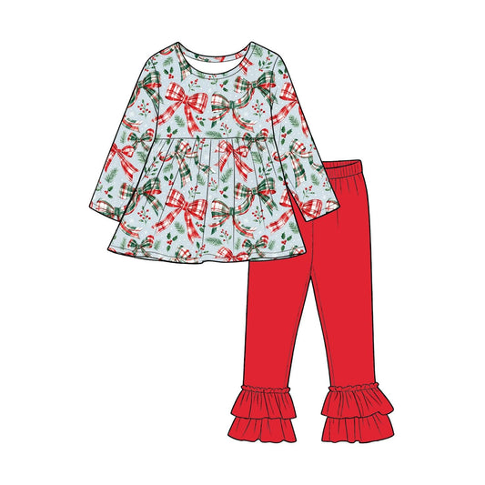 Moq 5 Preorder Baby Girls Kids Long Sleeves Bows Christmas Shirt Red Pants Set Clothes