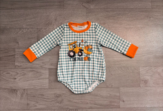 No moq Preorder Baby Boys Infant Long Sleeves Pumpkins Tractor Plaid Fall Bubble Romper Clothes