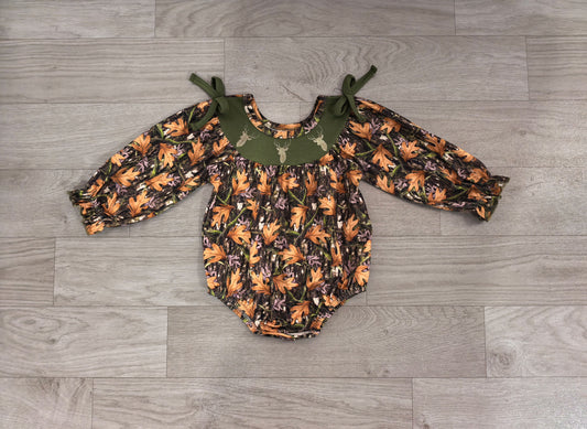 No moq Preorder Girls Infant Long Sleeves Embroidery Deer Camo Bows Bubble Romper
