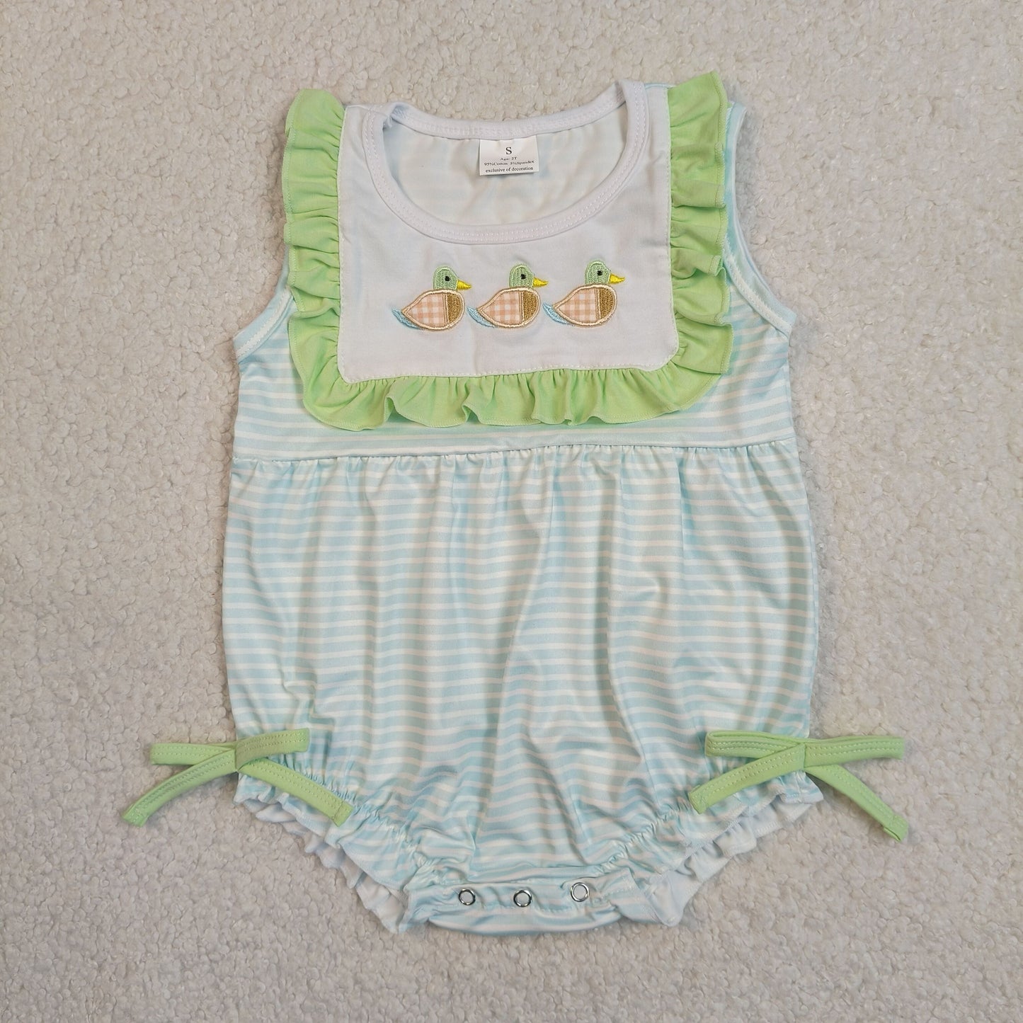 Baby Girls Infant Embroidery Ducks Blue Stripes Bubble Bows Romper