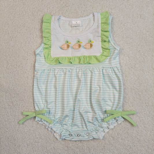 Baby Girls Infant Embroidery Ducks Blue Stripes Bubble Bows Romper