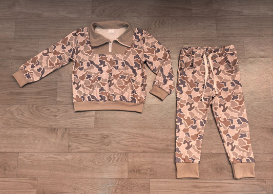 No moq Preorder Baby Boys Kids Long Sleeves Grey Camo Print Zipper Pullover Pockets Pants Set Clothes