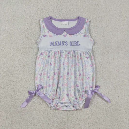 Baby Kids Sleeveless Embroidery Mama's Girl Flower Purple Bows Bubble Romper